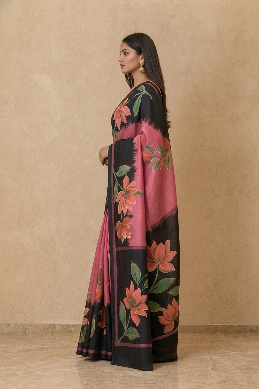 Hand-Painted Murshidabad Pure Silk Saree with Acid Discharge Art in Pink Black
