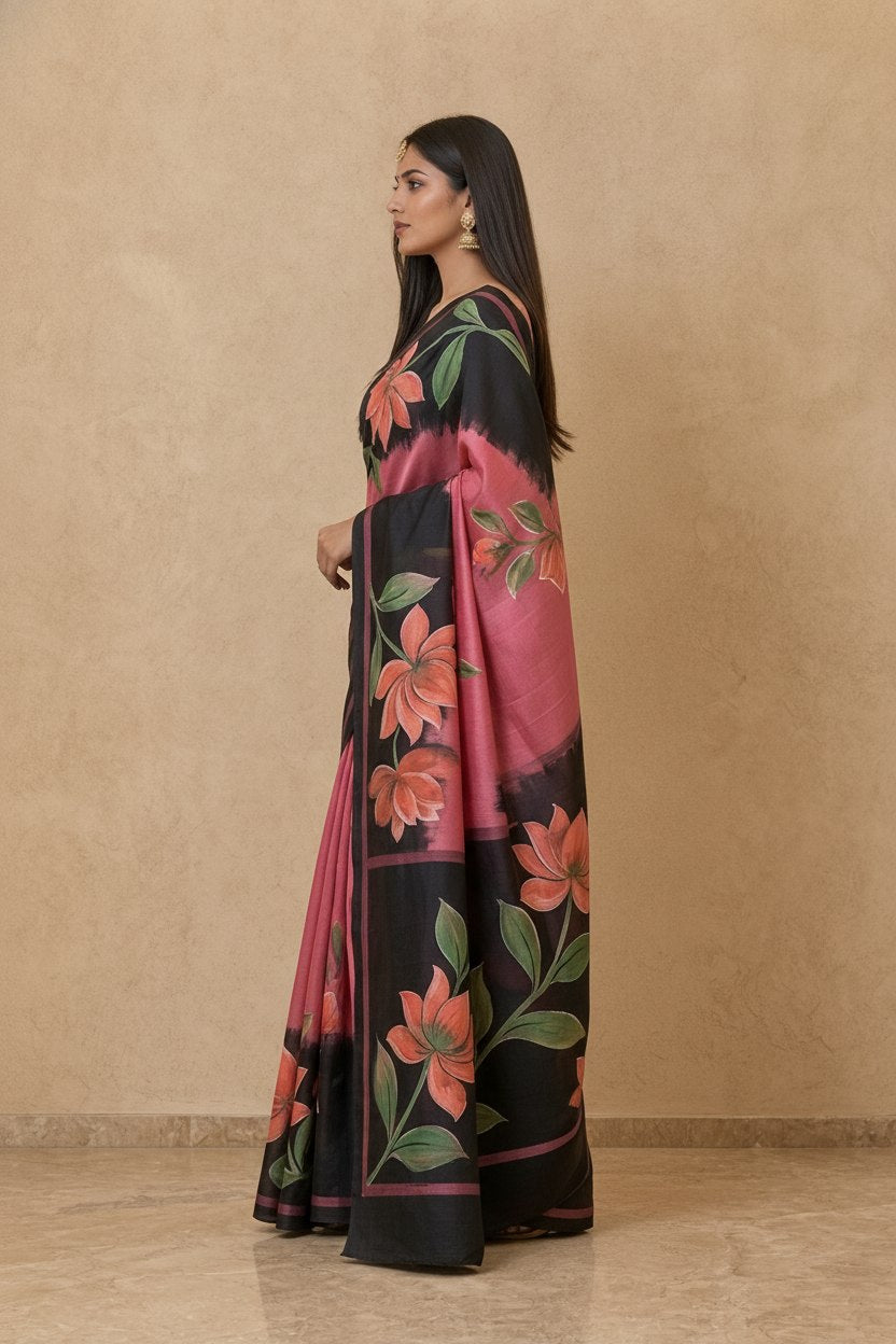 Hand-Painted Murshidabad Pure Silk Saree with Acid Discharge Art in Pink Black