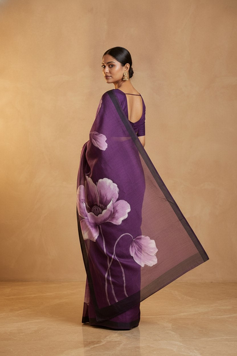 Hand-Painted Murshidabad Pure Silk Saree with Acid Discharge Art in Purple Poppy