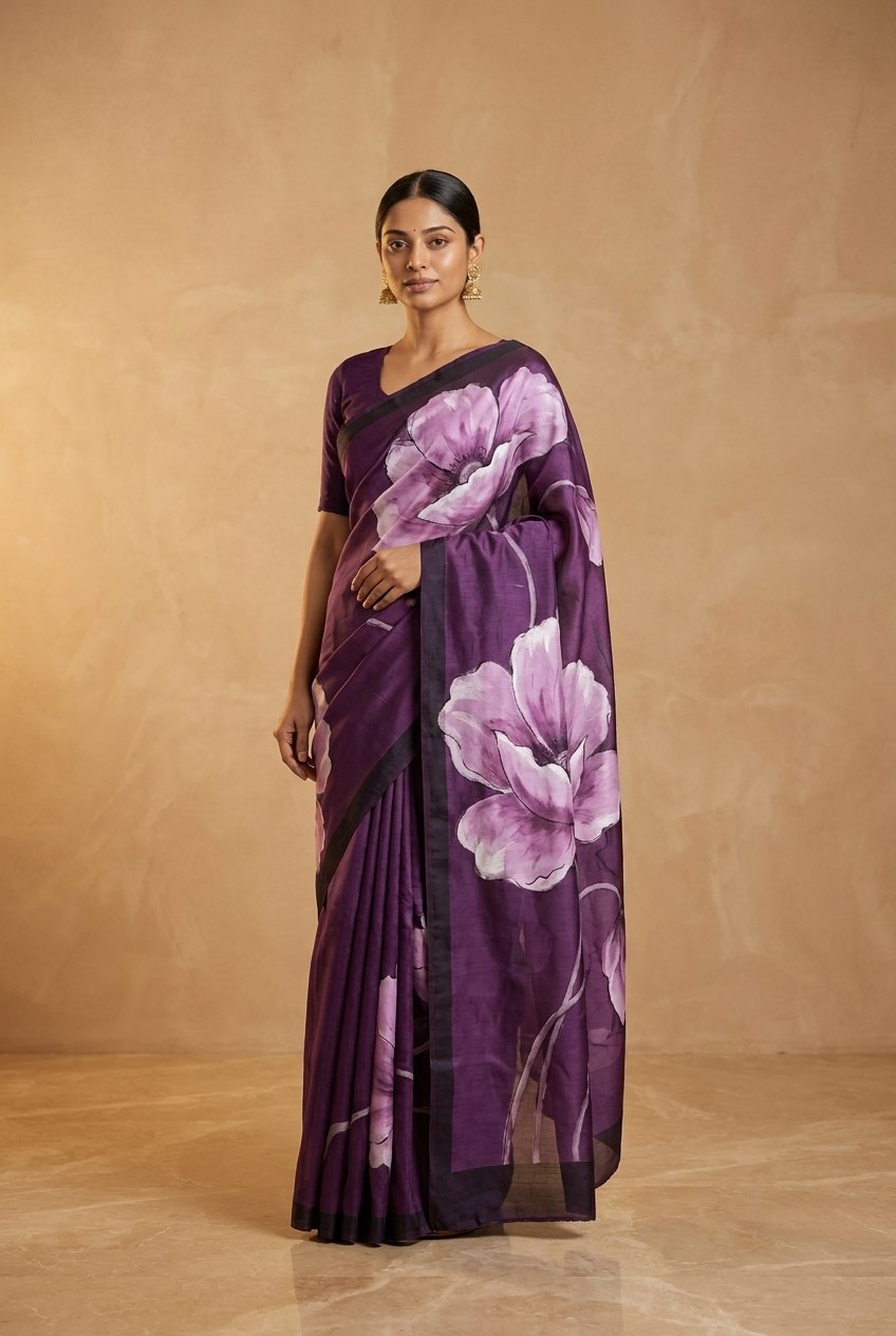 Hand-Painted Murshidabad Pure Silk Saree with Acid Discharge Art in Purple Poppy