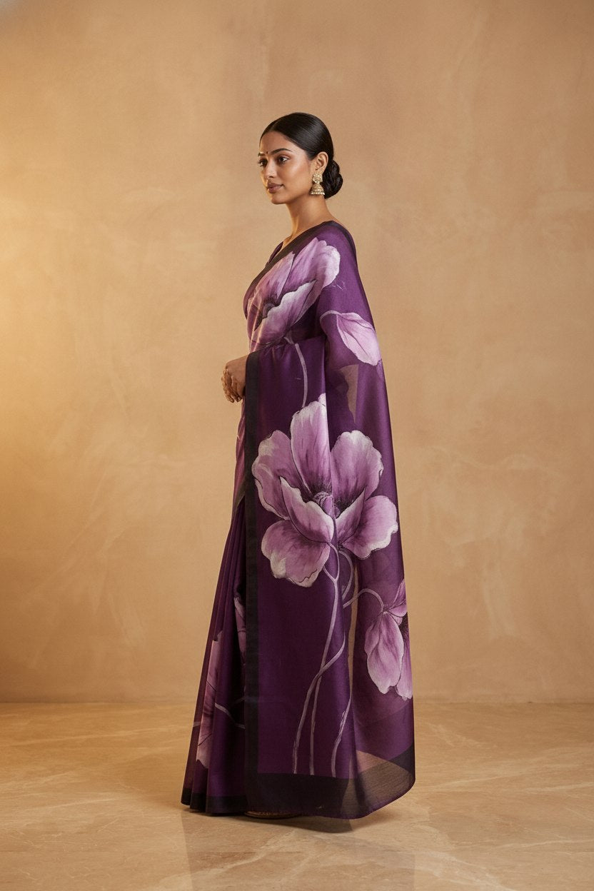 Hand-Painted Murshidabad Pure Silk Saree with Acid Discharge Art in Purple Poppy