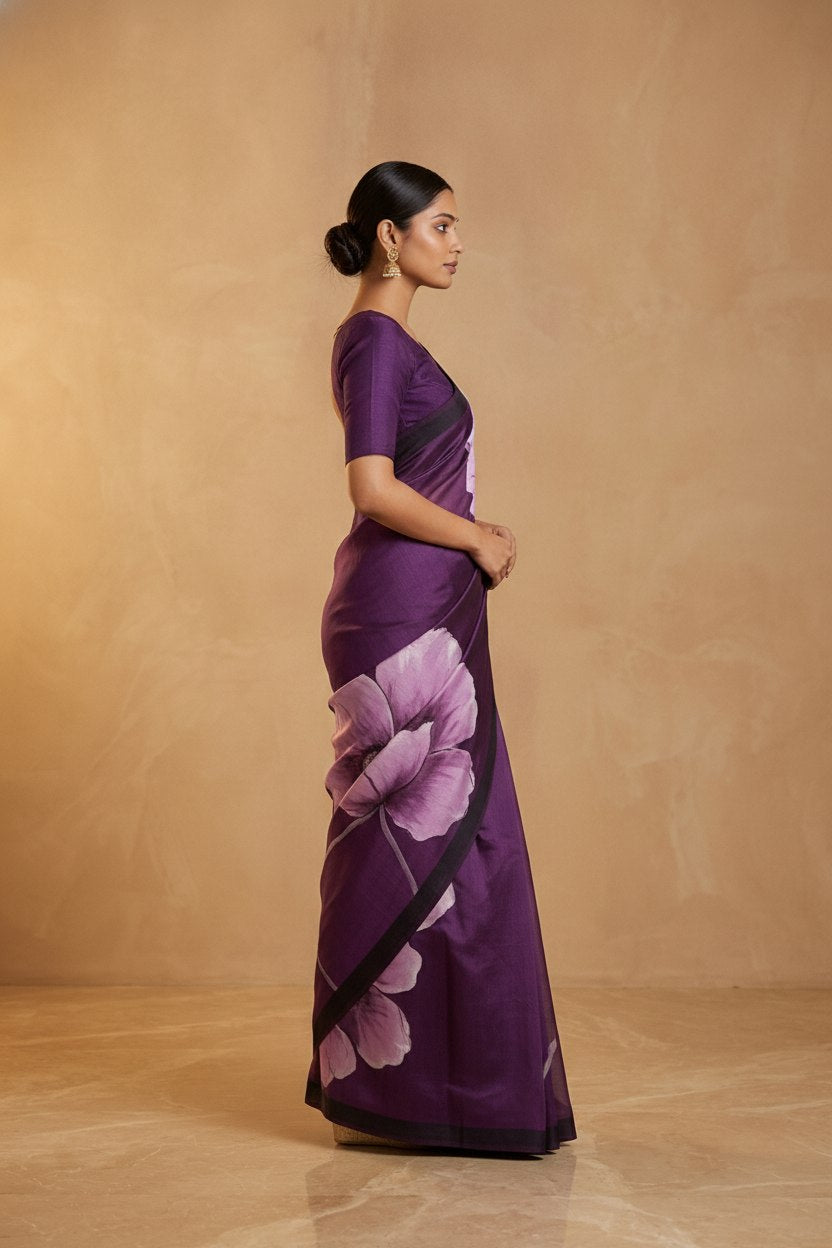 Hand-Painted Murshidabad Pure Silk Saree with Acid Discharge Art in Purple Poppy