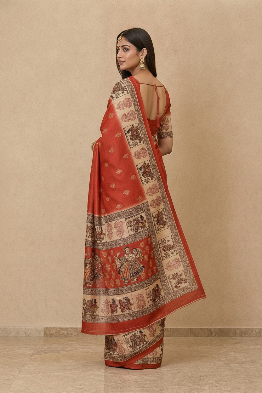 Swarnachuri Print Murshidabad Pure Silk Saree in Brick Red