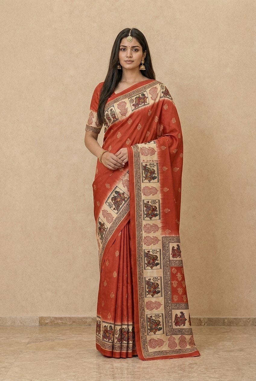 Swarnachuri Print Murshidabad Pure Silk Saree in Brick Red
