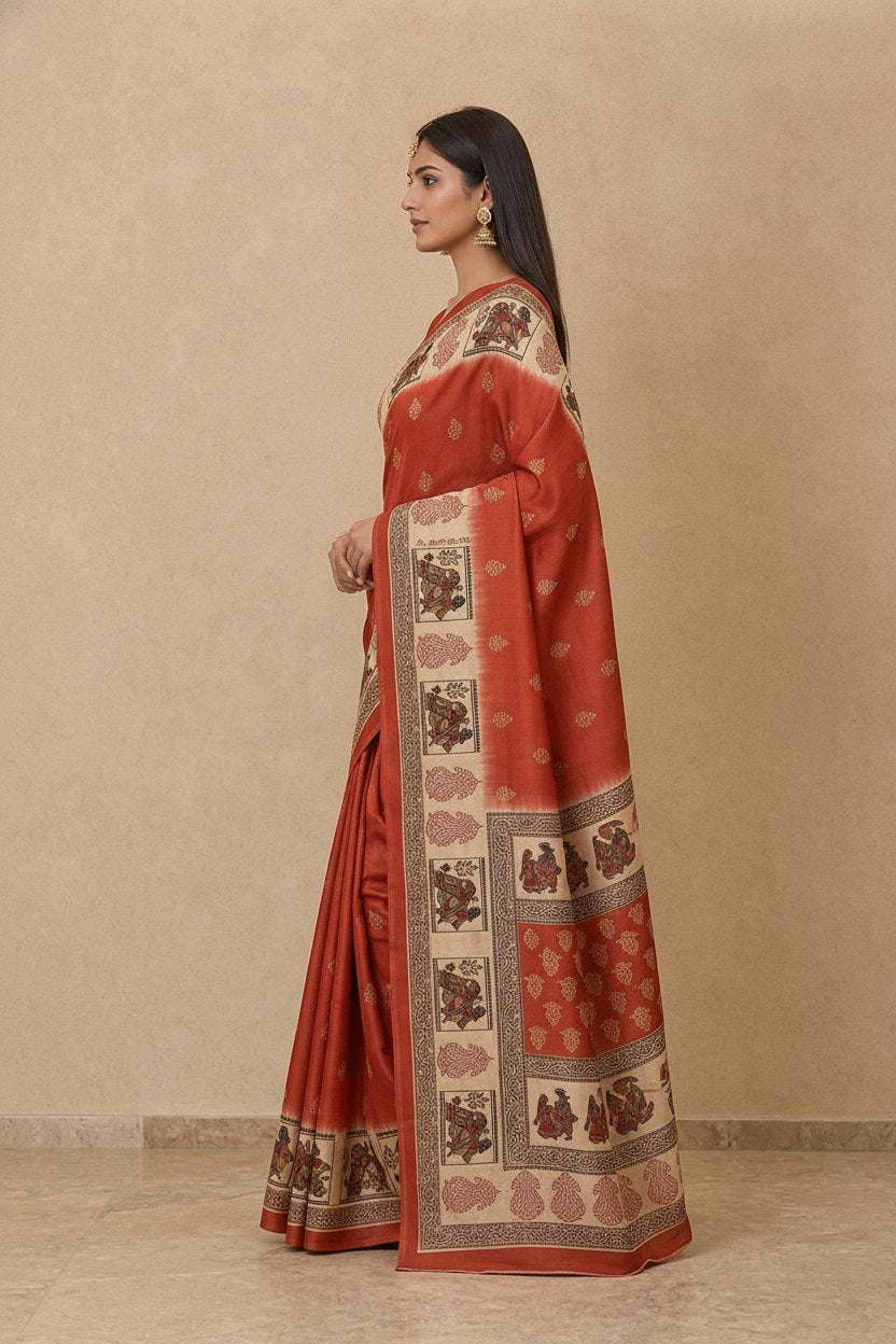 Swarnachuri Print Murshidabad Pure Silk Saree in Brick Red