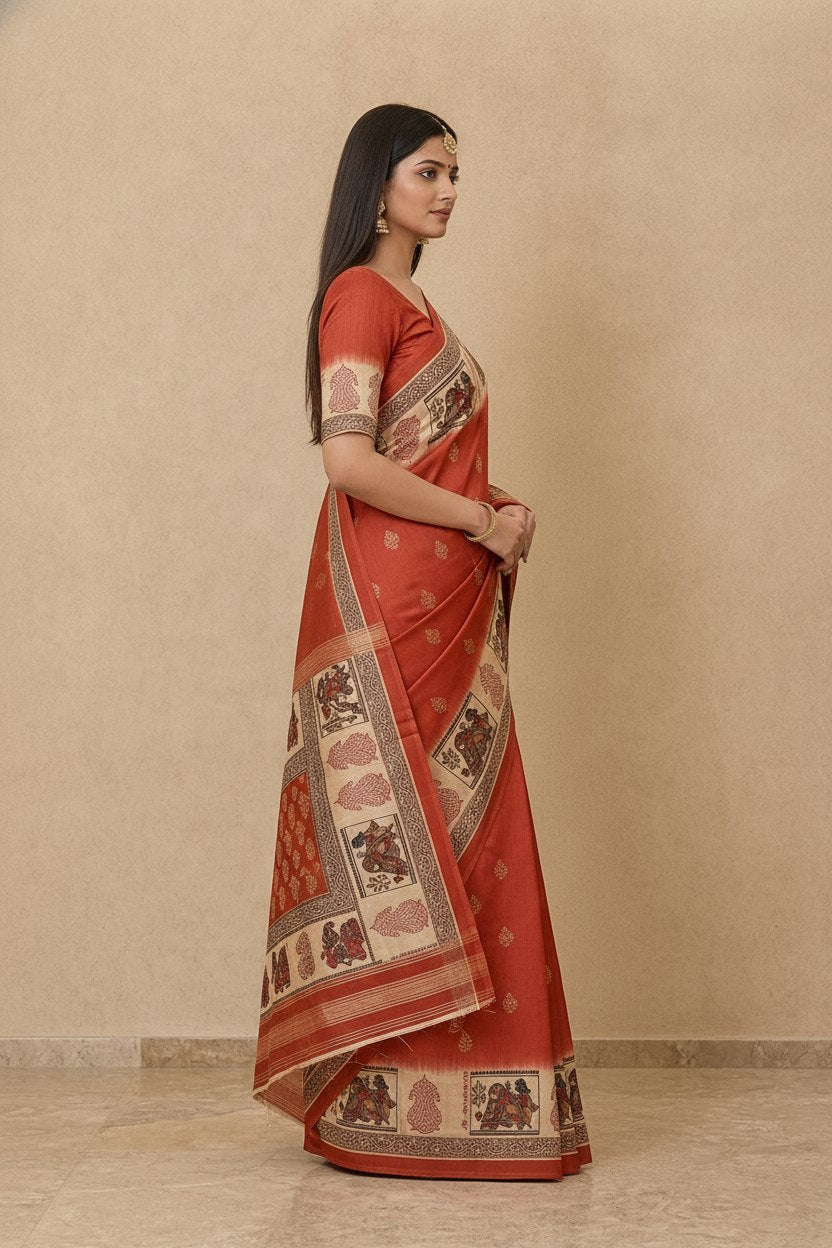 Swarnachuri Print Murshidabad Pure Silk Saree in Brick Red