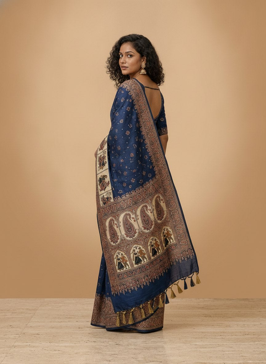 Swarnachuri Print Murshidabad Pure Silk Saree in Navy