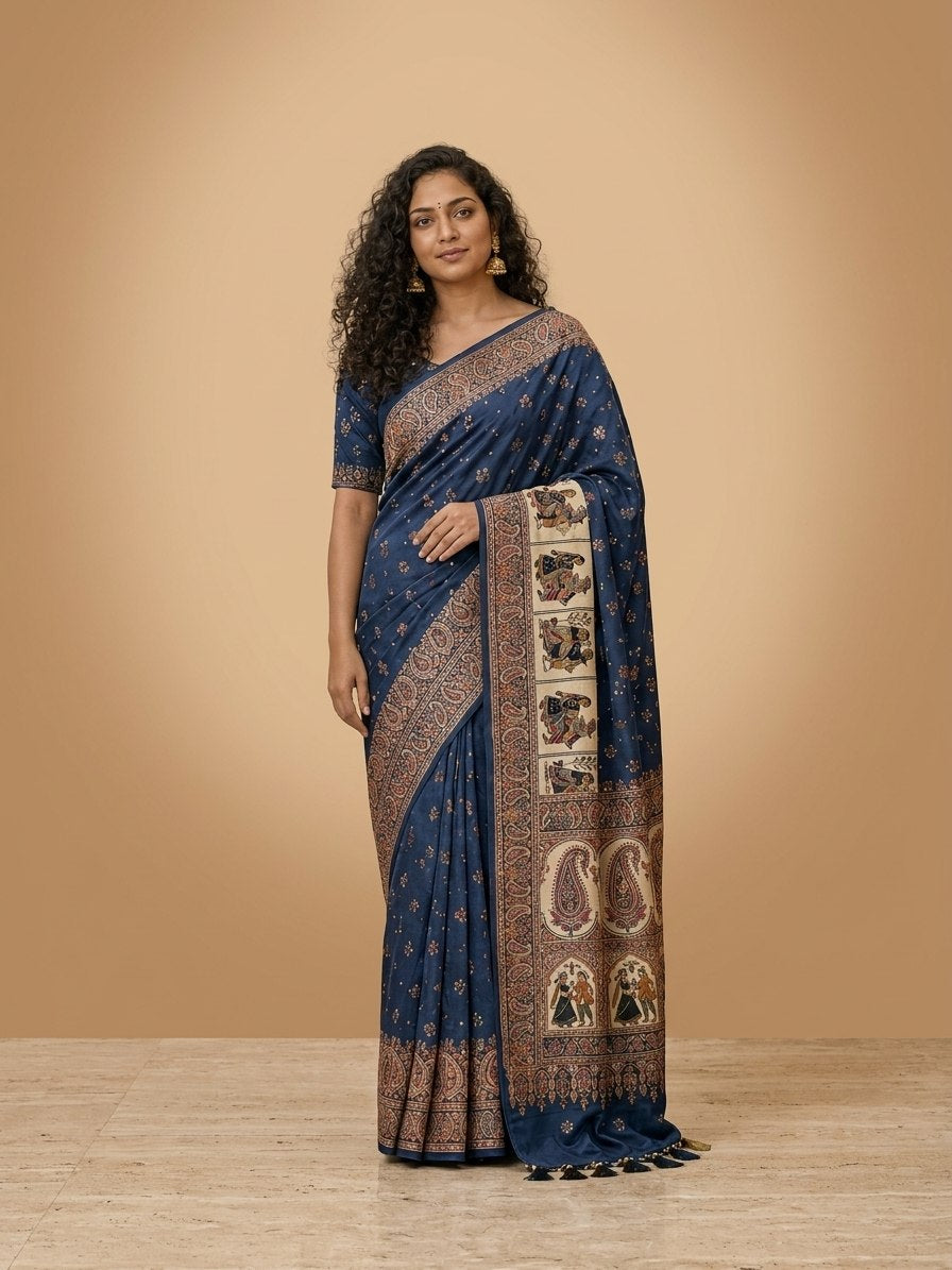 Swarnachuri Print Murshidabad Pure Silk Saree in Navy