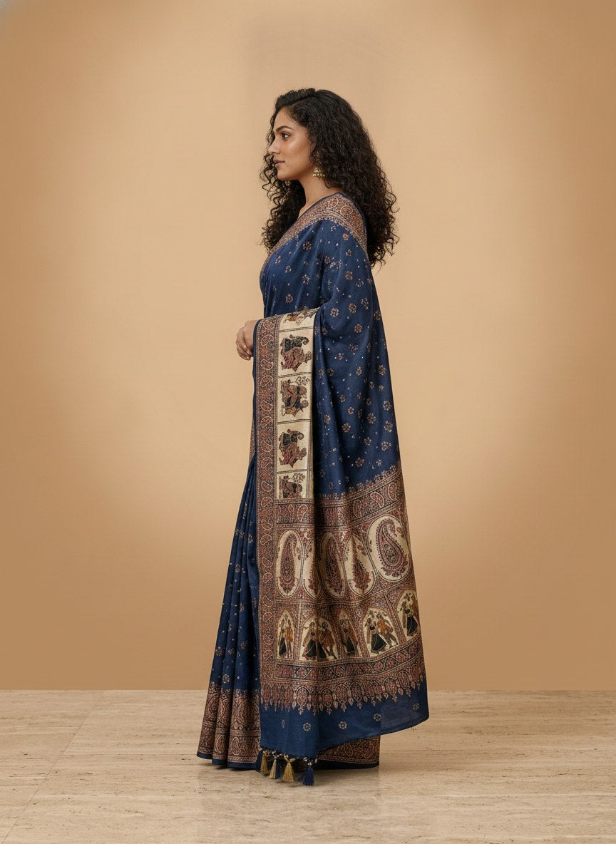 Swarnachuri Print Murshidabad Pure Silk Saree in Navy