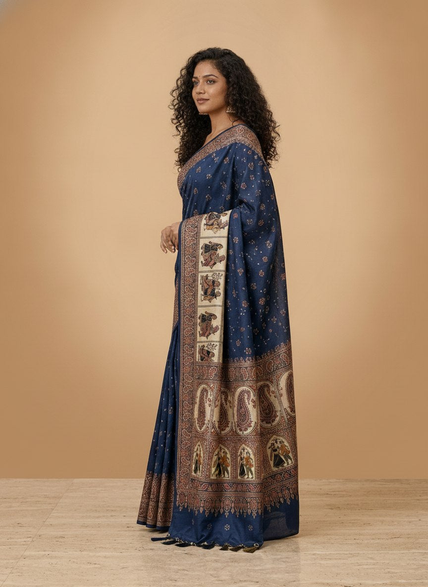 Swarnachuri Print Murshidabad Pure Silk Saree in Navy