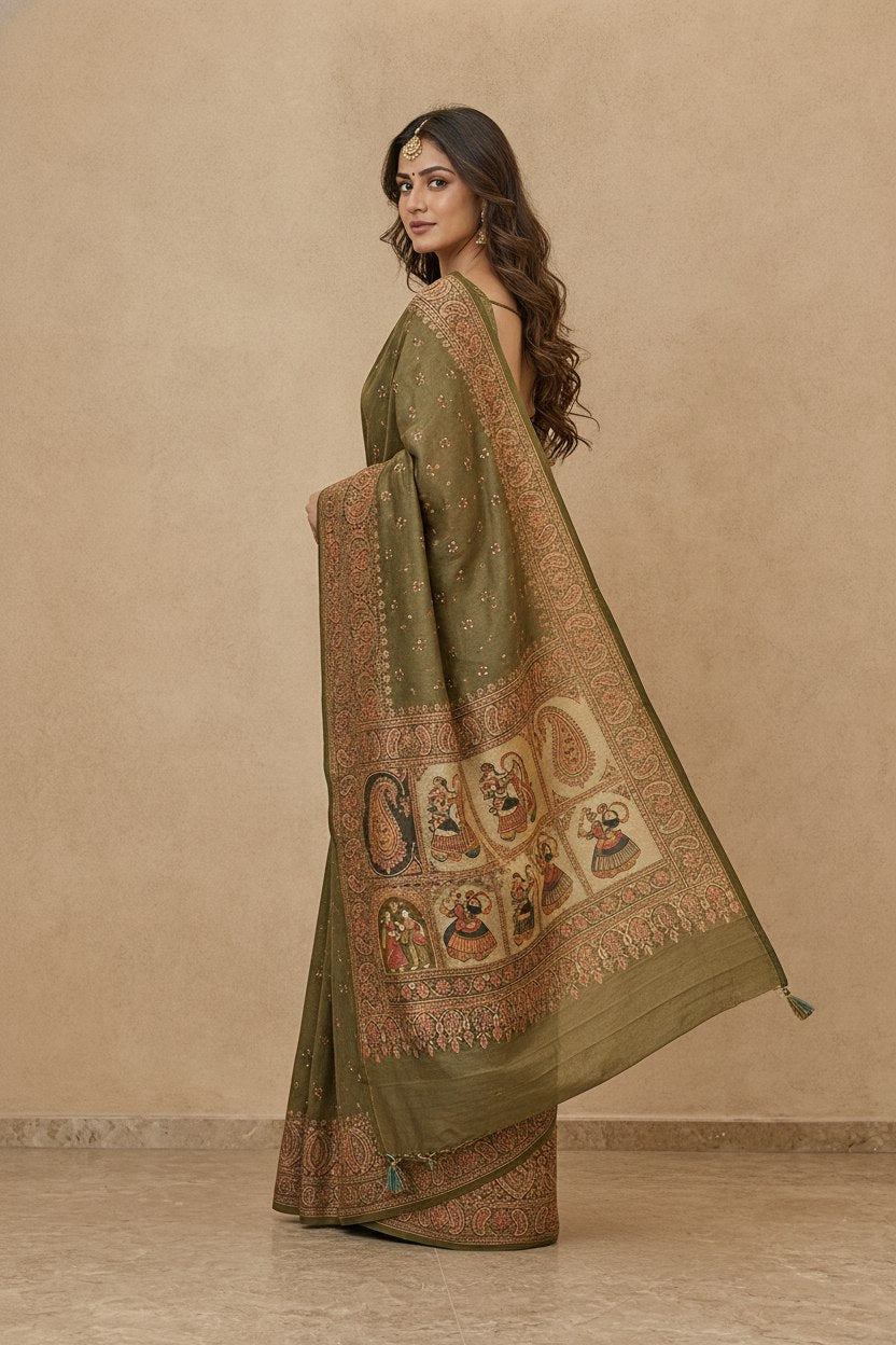 Swarnachuri Print Murshidabad Pure Silk Saree in Olive