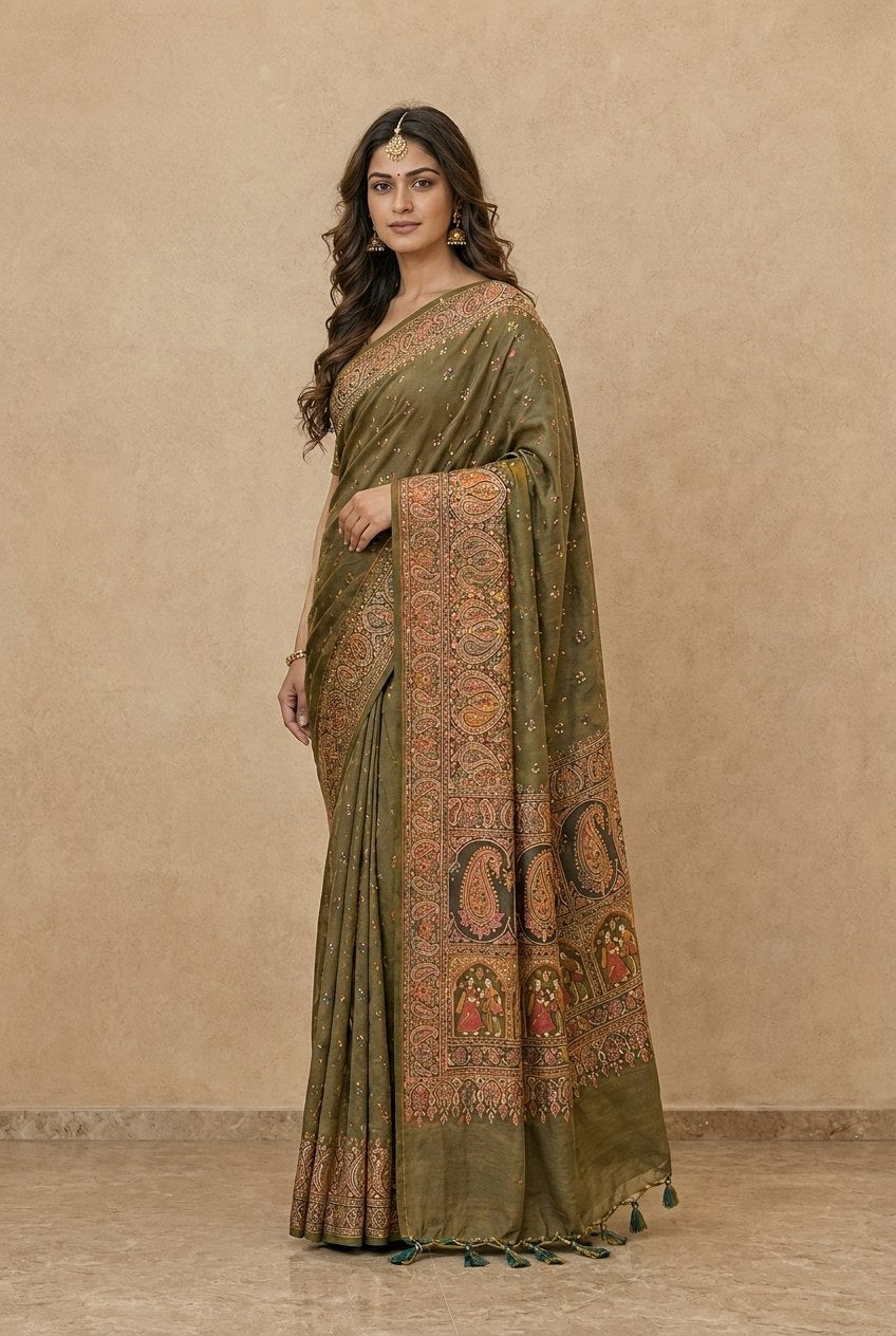 Swarnachuri Print Murshidabad Pure Silk Saree in Olive