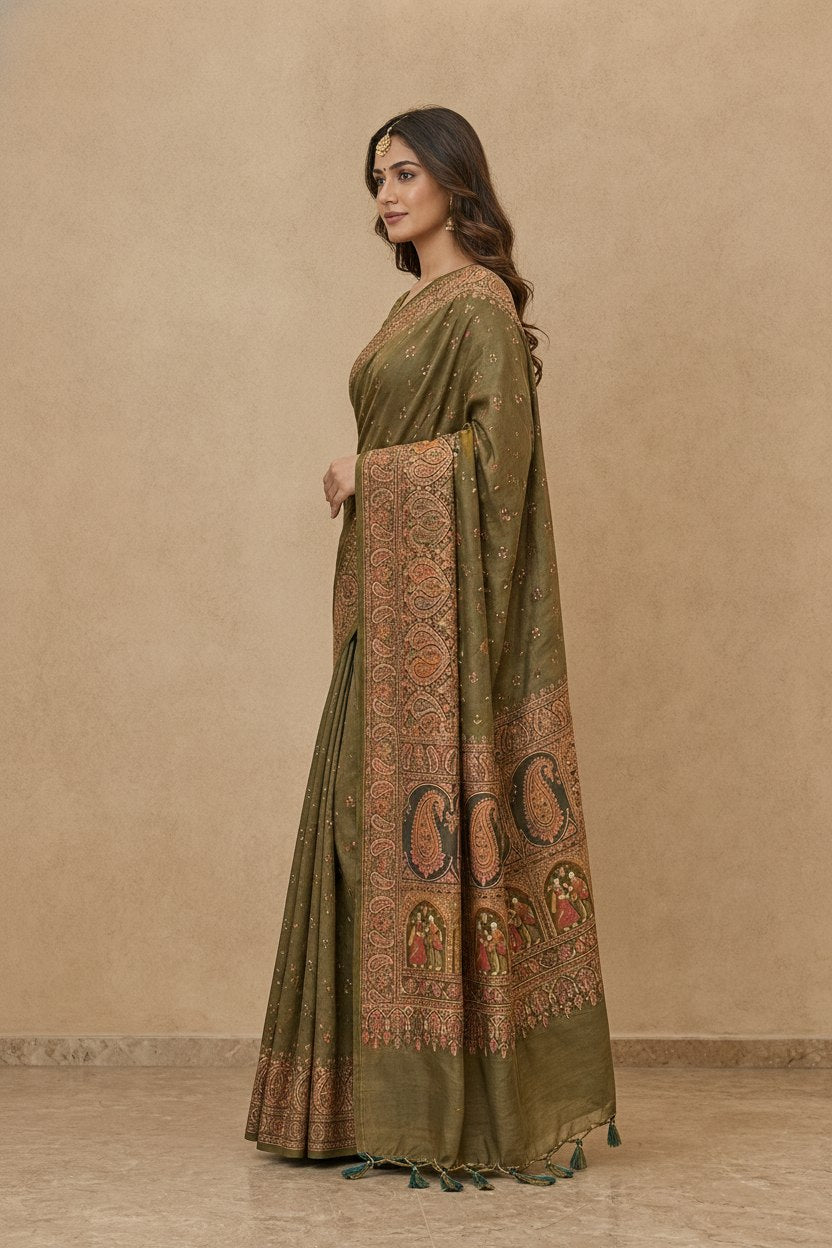 Swarnachuri Print Murshidabad Pure Silk Saree in Olive