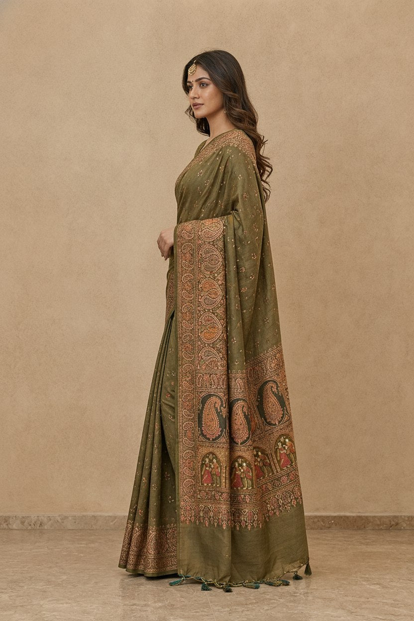 Swarnachuri Print Murshidabad Pure Silk Saree in Olive