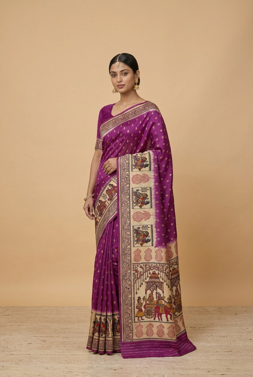 Swarnachuri Print Murshidabad Pure Silk Saree in Purple Magenta