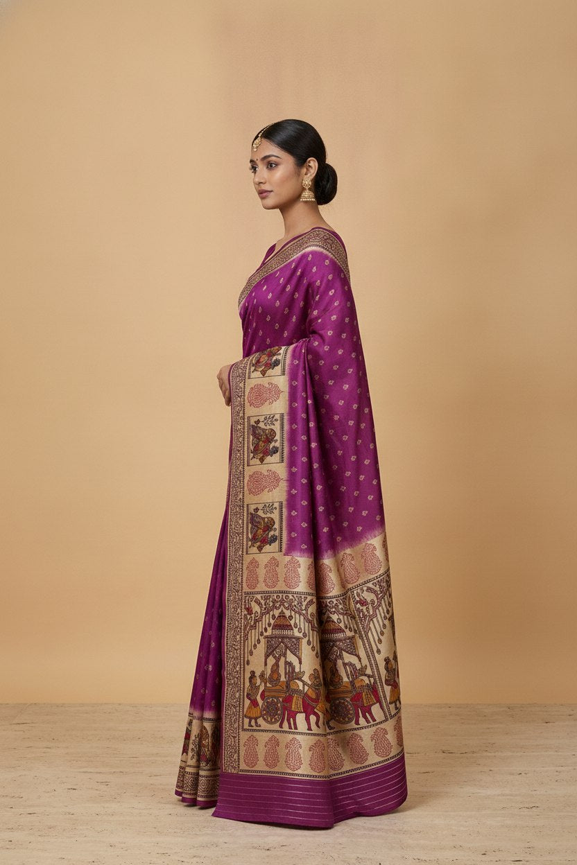 Swarnachuri Print Murshidabad Pure Silk Saree in Purple Magenta