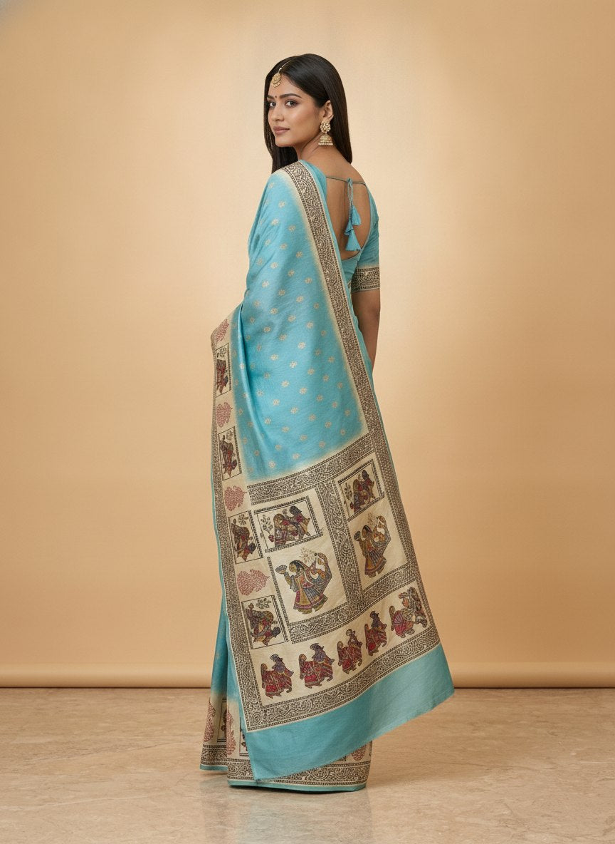 Swarnachuri Print Murshidabad Pure Silk Saree in Sky Blue