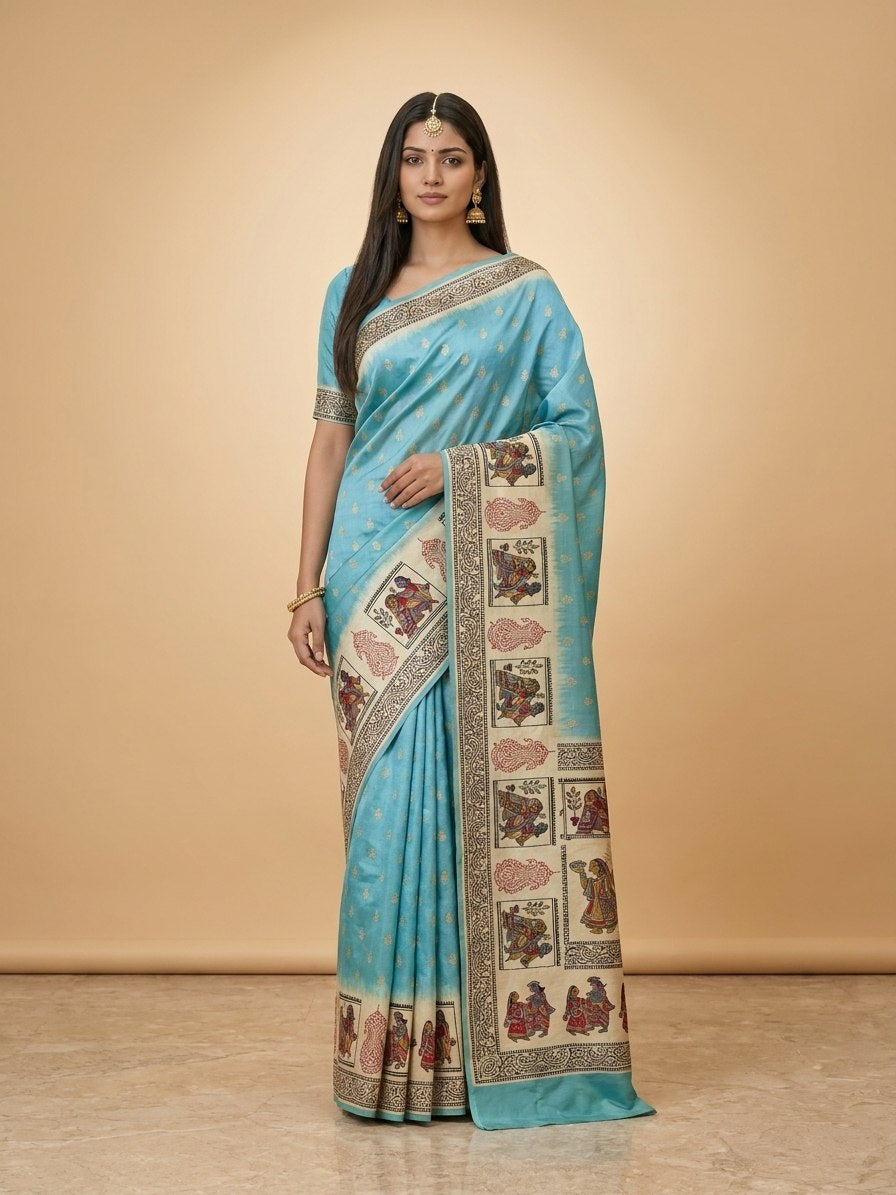 Swarnachuri Print Murshidabad Pure Silk Saree in Sky Blue