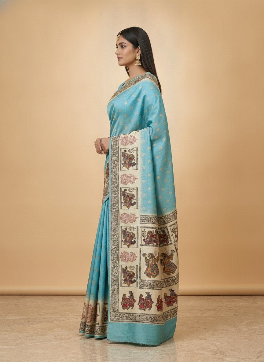 Swarnachuri Print Murshidabad Pure Silk Saree in Sky Blue