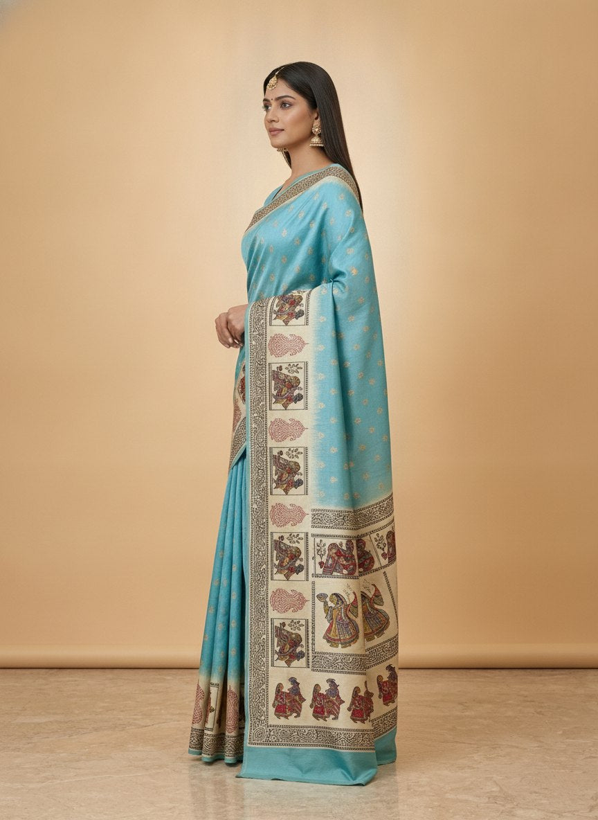 Swarnachuri Print Murshidabad Pure Silk Saree in Sky Blue