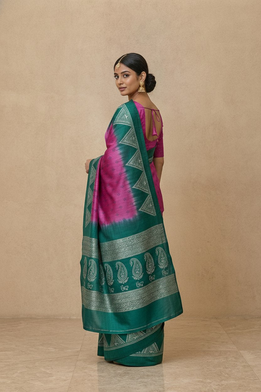 Printed Pure Matka Silk Saree with Contrast Border in Magenta