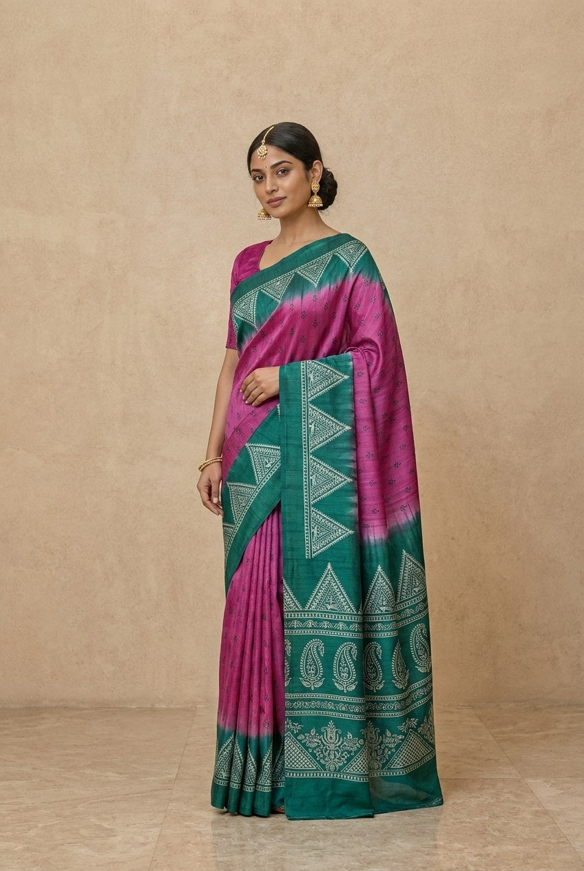 Printed Pure Matka Silk Saree with Contrast Border in Magenta