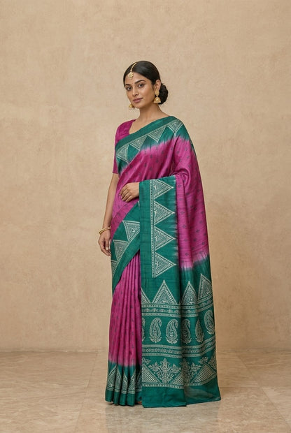 Printed Pure Matka Silk Saree with Contrast Border in Magenta
