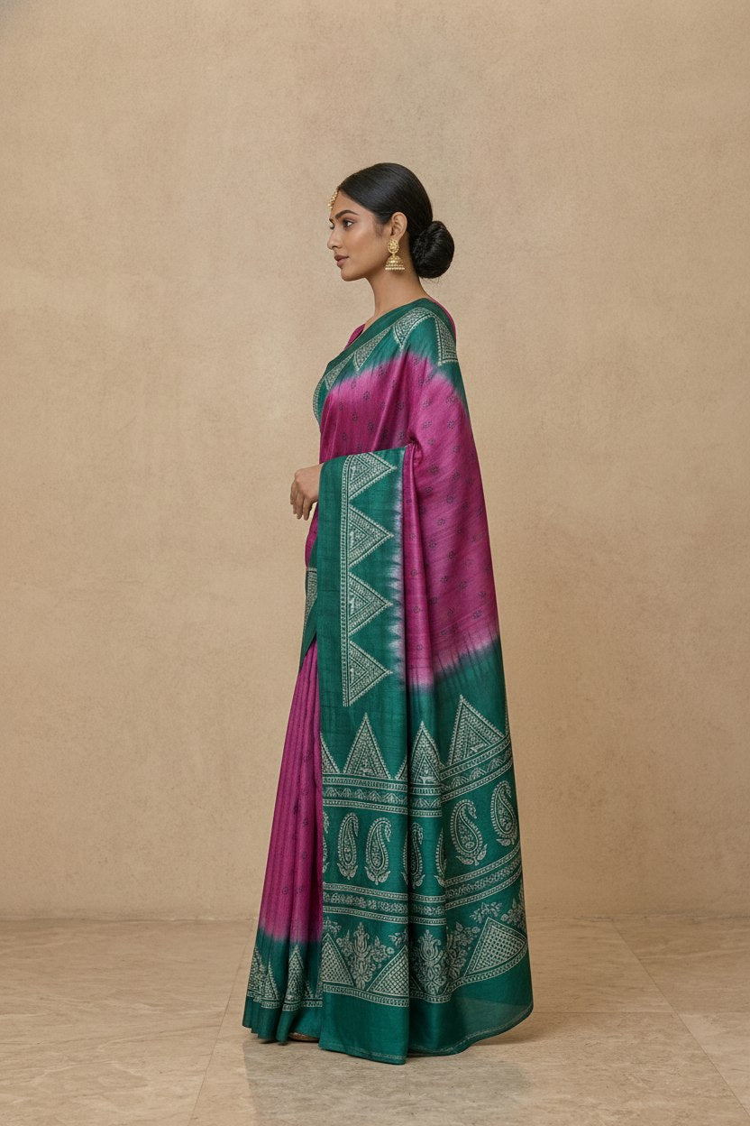 Printed Pure Matka Silk Saree with Contrast Border in Magenta