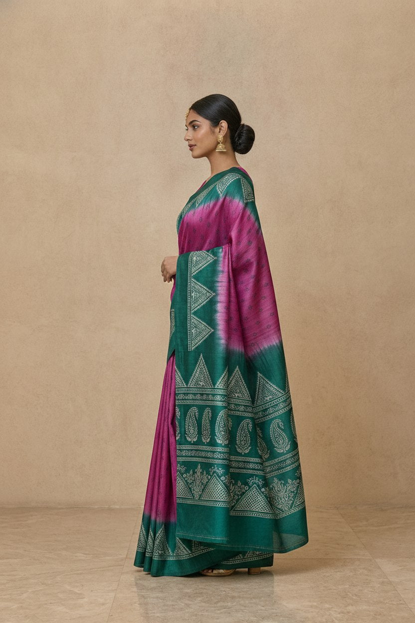 Printed Pure Matka Silk Saree with Contrast Border in Magenta