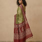 Printed Pure Matka Silk Saree with Contrast Border in Olive