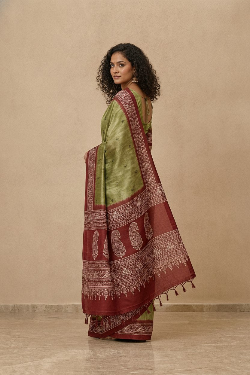 Printed Pure Matka Silk Saree with Contrast Border in Olive