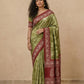 Printed Pure Matka Silk Saree with Contrast Border in Olive