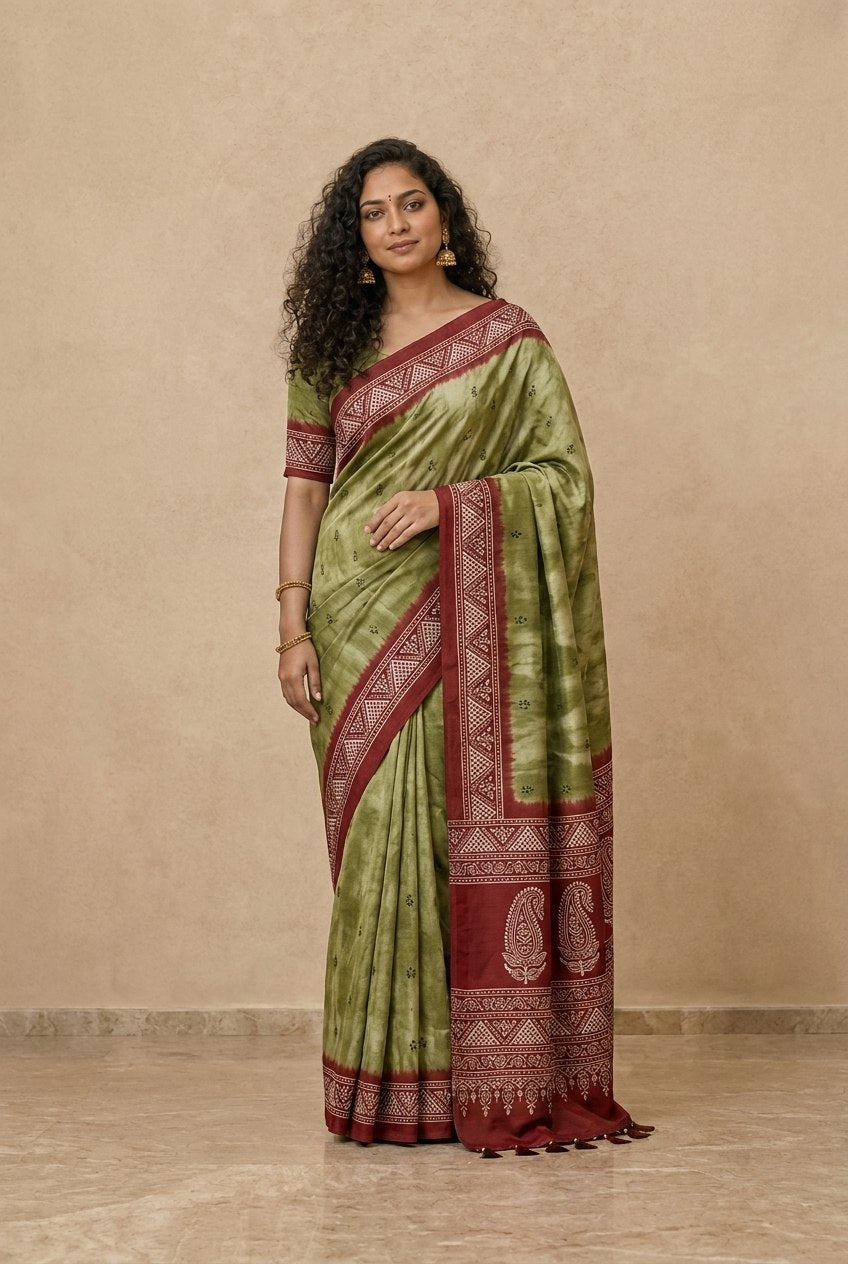 Printed Pure Matka Silk Saree with Contrast Border in Olive