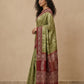 Printed Pure Matka Silk Saree with Contrast Border in Olive