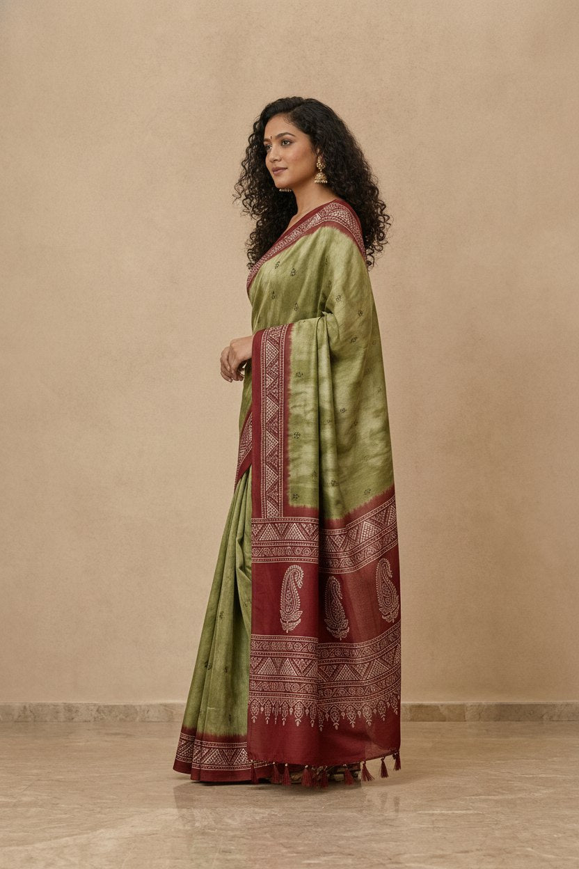 Printed Pure Matka Silk Saree with Contrast Border in Olive