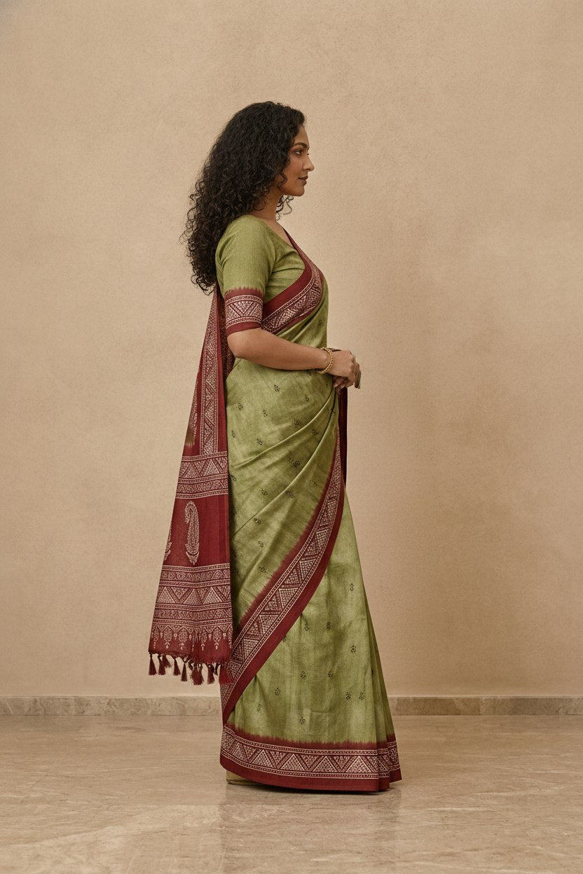 Printed Pure Matka Silk Saree with Contrast Border in Olive