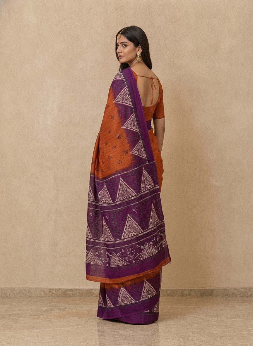 Printed Pure Matka Silk Saree with Contrast Border in Rust Purple