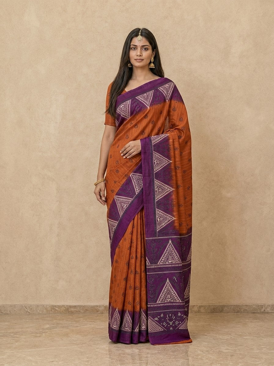 Printed Pure Matka Silk Saree with Contrast Border in Rust Purple