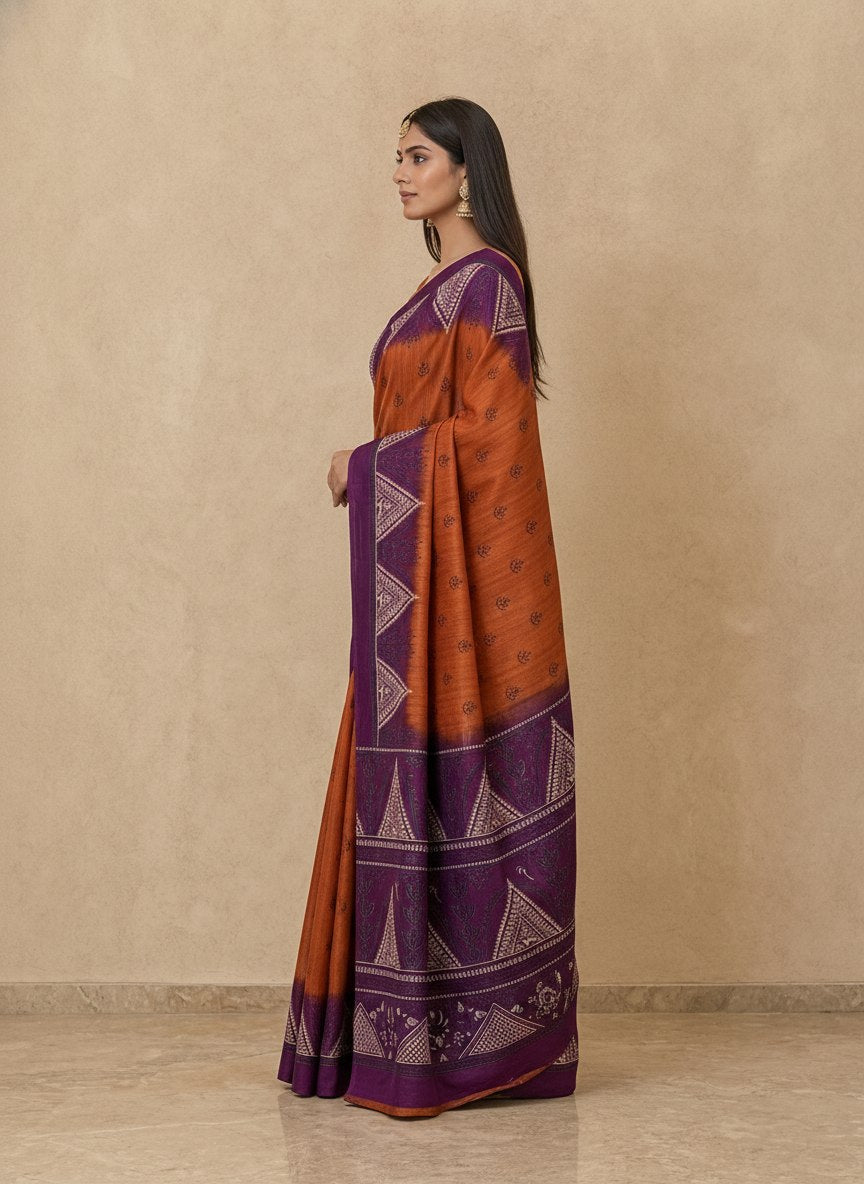 Printed Pure Matka Silk Saree with Contrast Border in Rust Purple