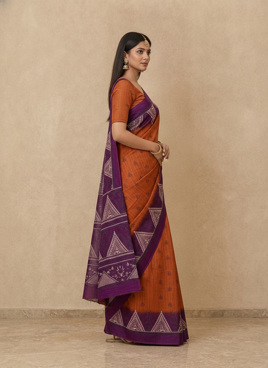 Printed Pure Matka Silk Saree with Contrast Border in Rust Purple