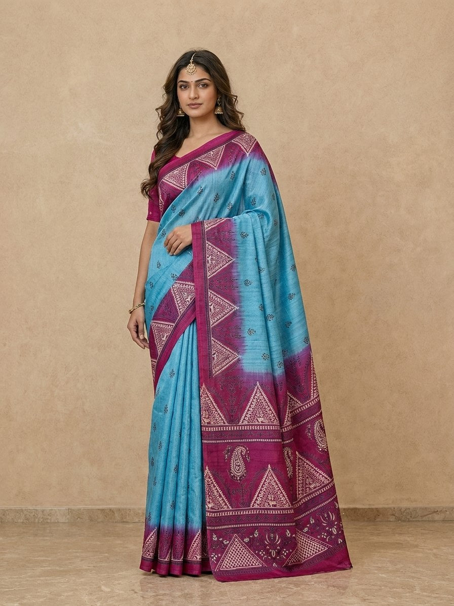 Printed Pure Matka Silk Saree with Contrast Border in Sky Blue