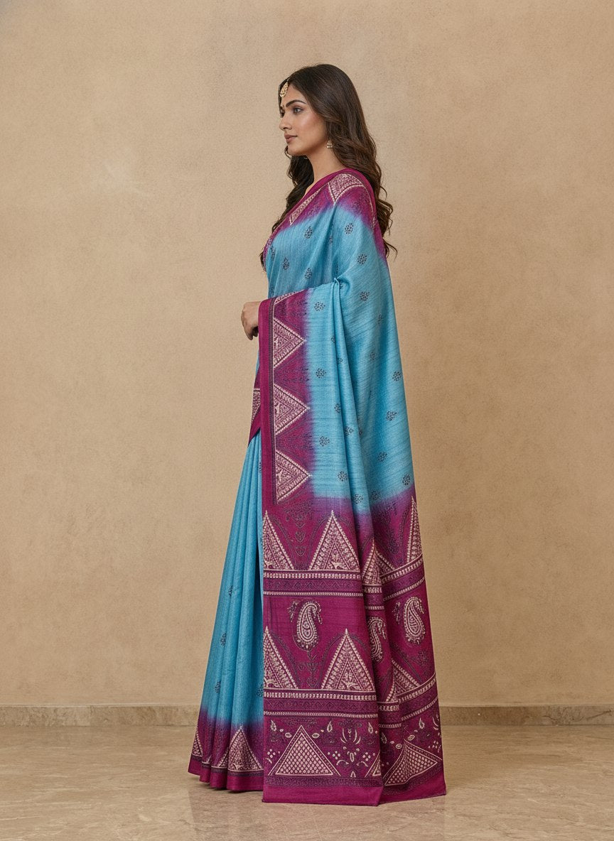 Printed Pure Matka Silk Saree with Contrast Border in Sky Blue