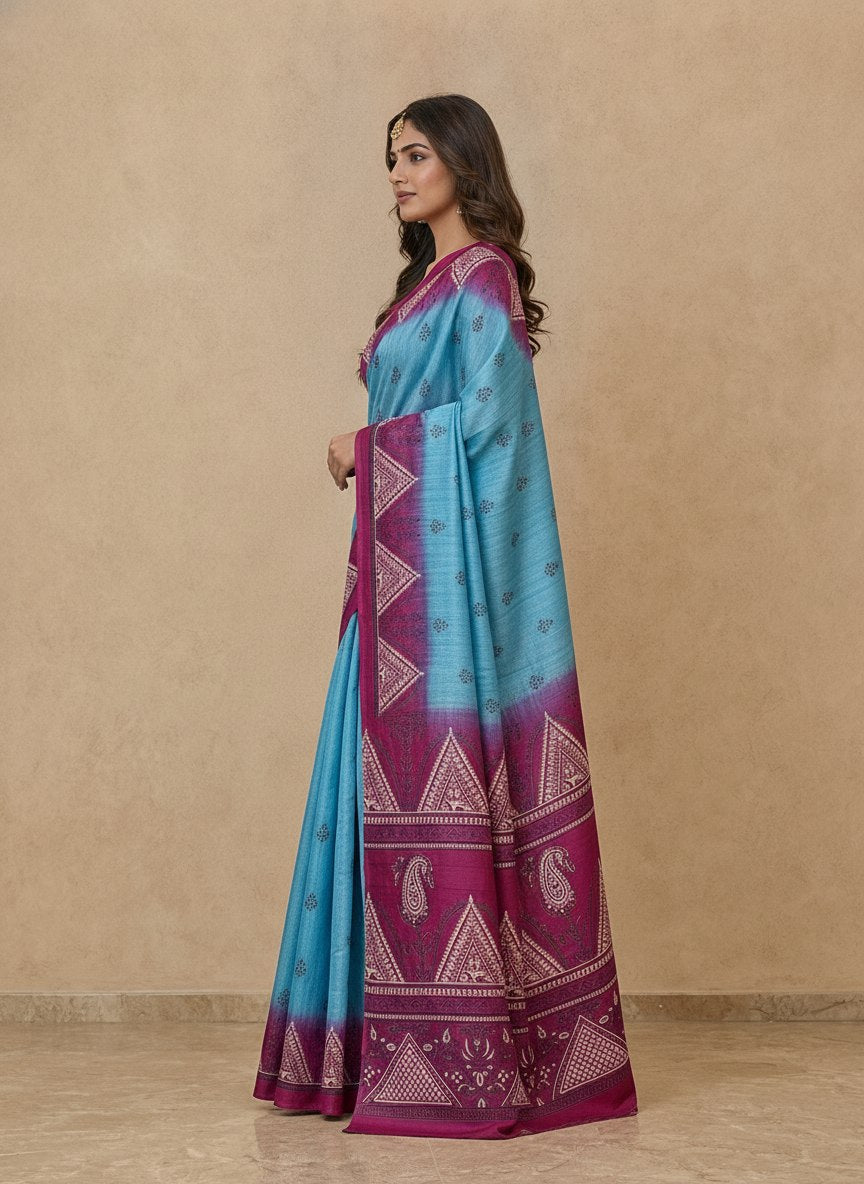 Printed Pure Matka Silk Saree with Contrast Border in Sky Blue