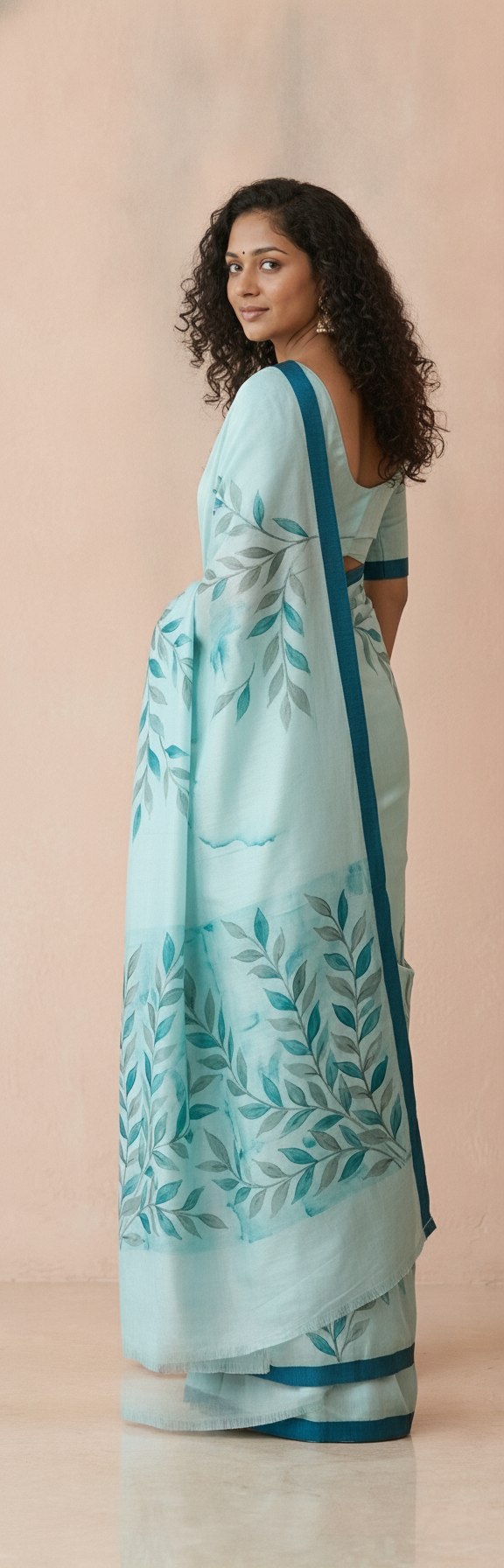 Hand-Painted Pure Silk Saree with Solid Resham Border in Aqua
