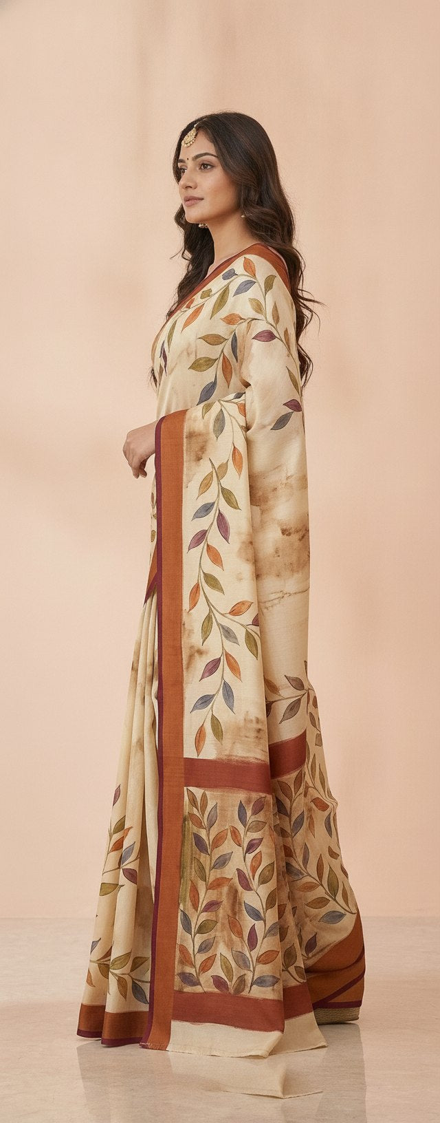 Hand-Painted Pure Silk Saree with Solid Resham Border in Ivory Vines