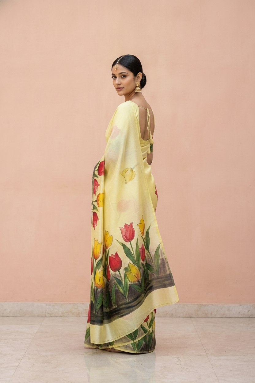 Hand-Painted Pure Silk Saree with Solid Resham Border in Lemon Tulips
