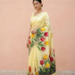 Hand-Painted Pure Silk Saree with Solid Resham Border in Lemon Tulips