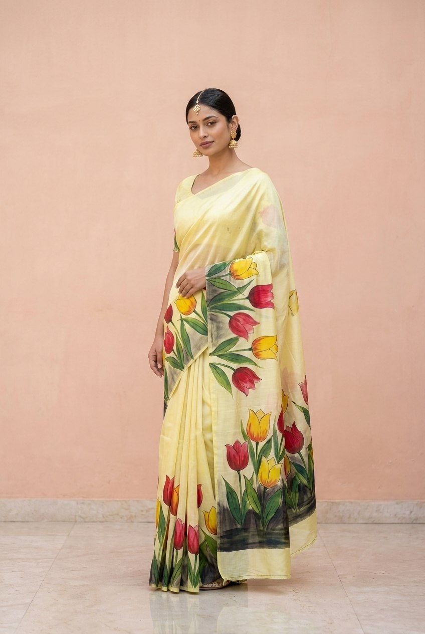 Hand-Painted Pure Silk Saree with Solid Resham Border in Lemon Tulips