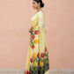 Hand-Painted Pure Silk Saree with Solid Resham Border in Lemon Tulips