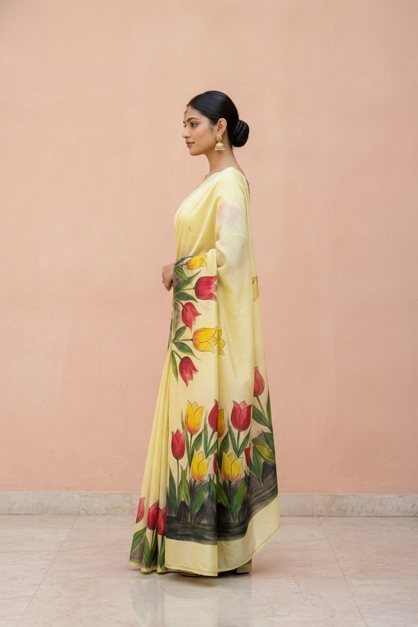 Hand-Painted Pure Silk Saree with Solid Resham Border in Lemon Tulips
